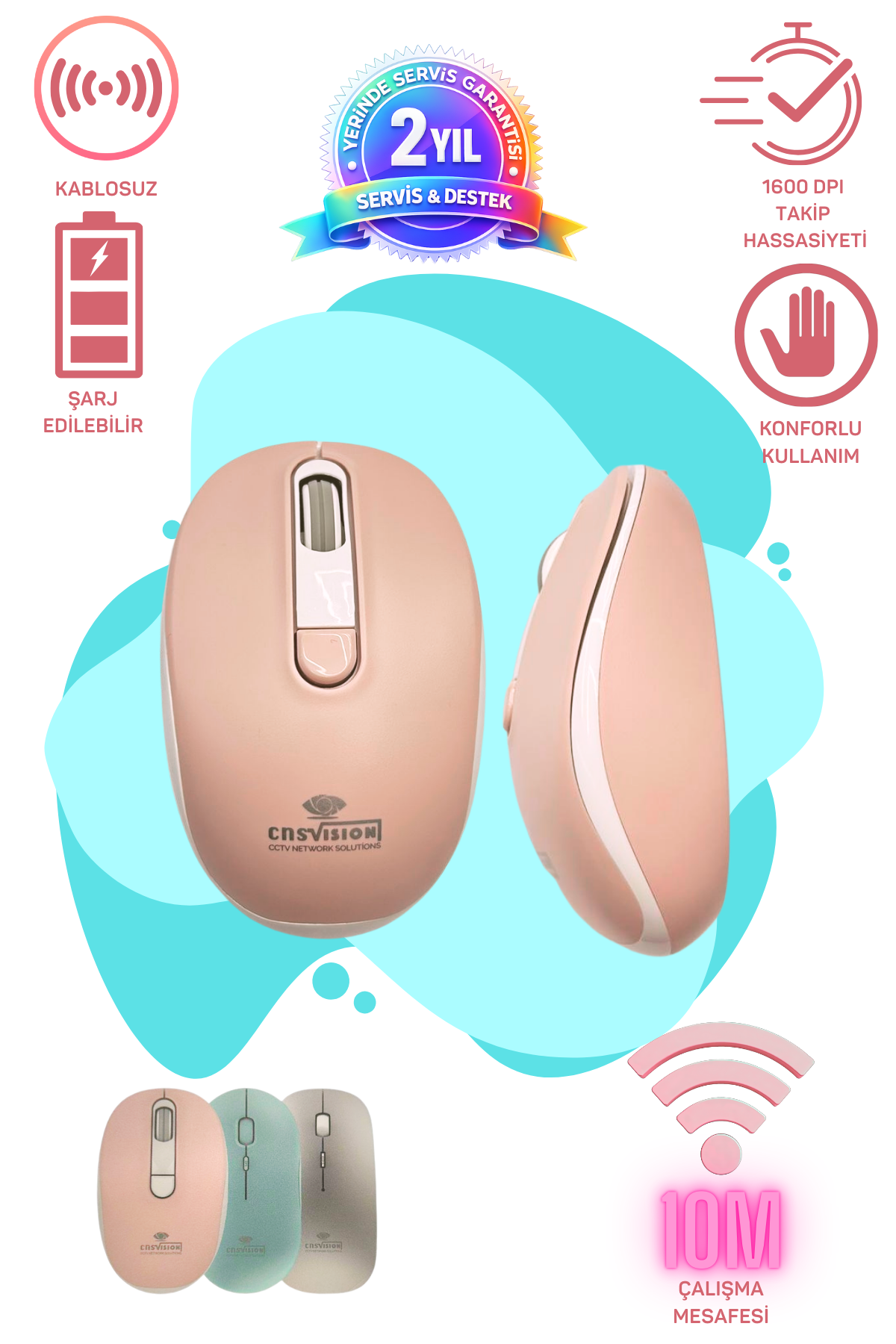 Sarj edilebilir Kablosuz Wireless Mouse Pembe